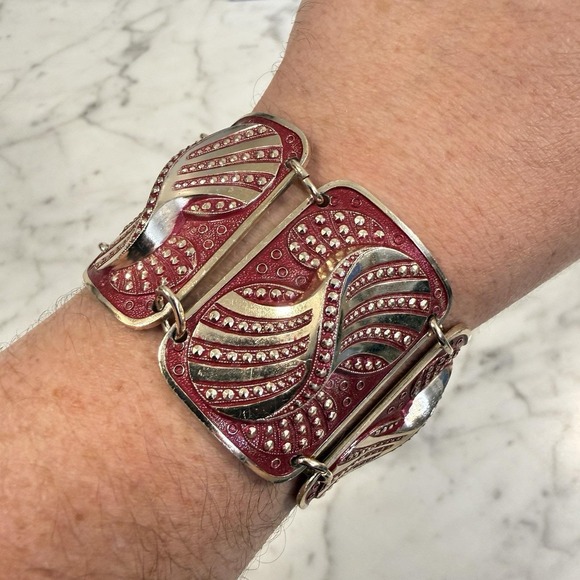 Jewelry - Vintage West Germany Eloxal Modernist Panel Bracelet Aluminum Pink Enamel